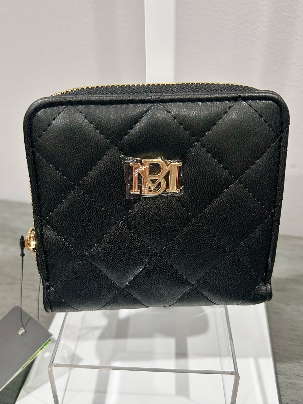 Badgley Mischka Black Quilted Zip Wallet with Gold Logo
